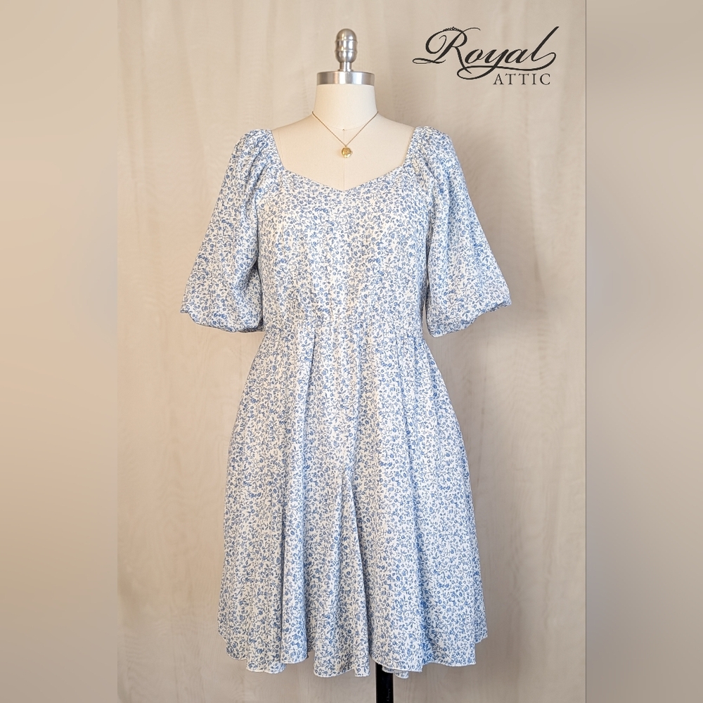 Mikarose Light Blue Floral Puff-Sleeve Flowy Gored Smocked Back Dress